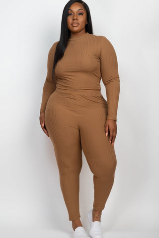 Plus Size Ribbed Mock Neck Top & Leggings Set | Loungewear