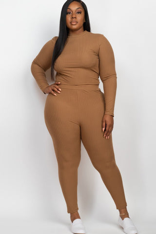 Plus Size Ribbed Mock Neck Top & Leggings Set | Loungewear
