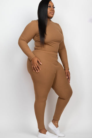 Plus Size Ribbed Mock Neck Top & Leggings Set | Loungewear