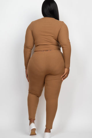 Plus Size Ribbed Mock Neck Top & Leggings Set | Loungewear