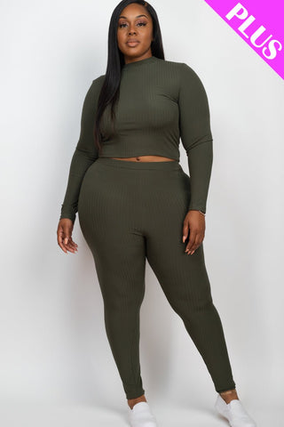 Plus Size Ribbed Mock Neck Top & Leggings Set | Loungewear