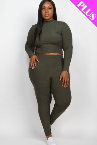 Plus Size Ribbed Mock Neck Top & Leggings Set | Loungewear