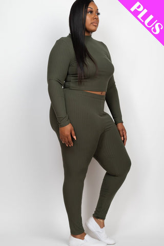 Plus Size Ribbed Mock Neck Top & Leggings Set | Loungewear
