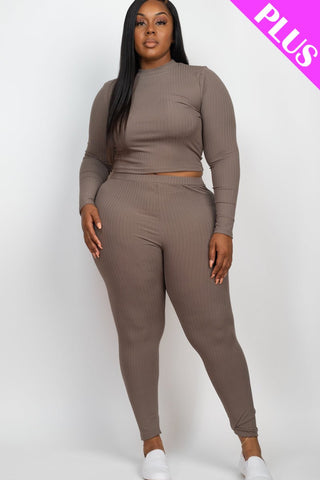 Plus Size Ribbed Mock Neck Top & Leggings Set | Loungewear