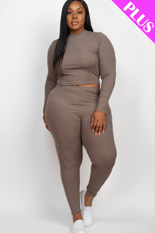 Plus Size Ribbed Mock Neck Top & Leggings Set | Loungewear