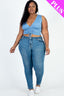 Plus Size Ribbed Ruched Drawstring Front Sleeveless V Neck Top