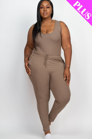 Plus Size Ribbed Sleeveless Drawstring Waist Jumpsuit