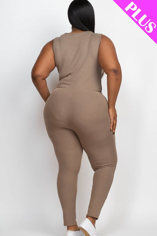 Plus Size Ribbed Sleeveless Drawstring Waist Jumpsuit