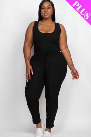 Plus Size Ribbed Sleeveless Drawstring Waist Jumpsuit