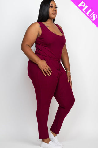 Plus Size Ribbed Sleeveless Drawstring Waist Jumpsuit