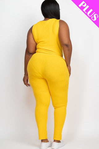 Plus Size Ribbed Sleeveless Drawstring Waist Jumpsuit