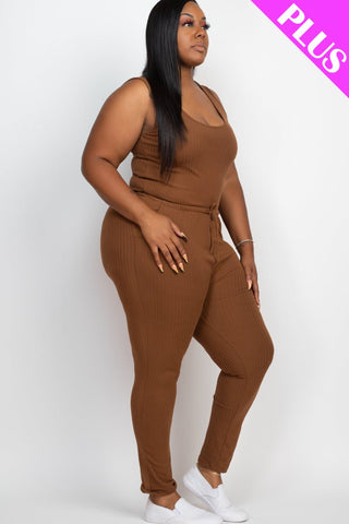 Plus Size Ribbed Sleeveless Drawstring Waist Jumpsuit