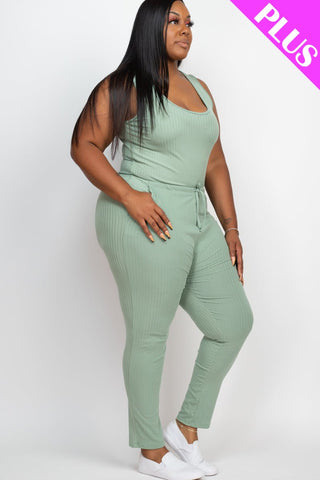 Plus Size Ribbed Sleeveless Drawstring Waist Jumpsuit