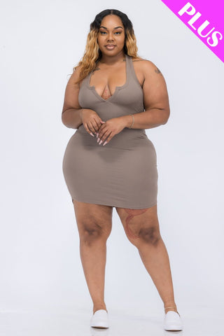 Plus Size Ribbed Split Neck Tank Mini Dress