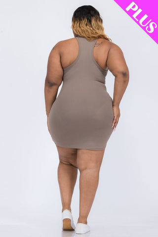 Plus Size Ribbed Split Neck Tank Mini Dress