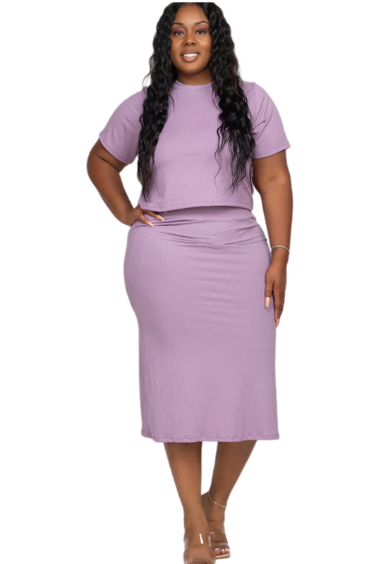 Plus size ribbed solid top and midi skirt set in light purple with elasticized waist, short sleeves, high stretch fabric.