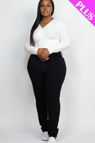 Plus Size Ribbed Wrap Front Long Sleeve Top