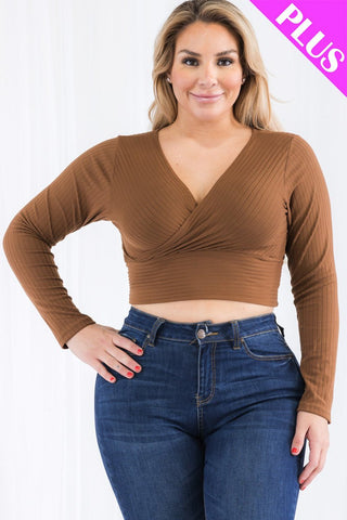 Plus Size Ribbed Wrap Front Long Sleeve Top