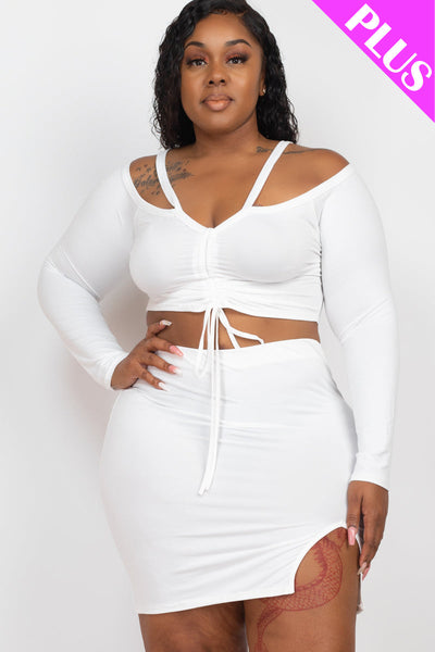 Final Sale Plus Size 2pc One Shoulder Twist Front Crop Top and Ruched