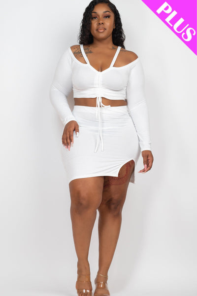 Final Sale Plus Size 2pc One Shoulder Twist Front Crop Top and Ruched