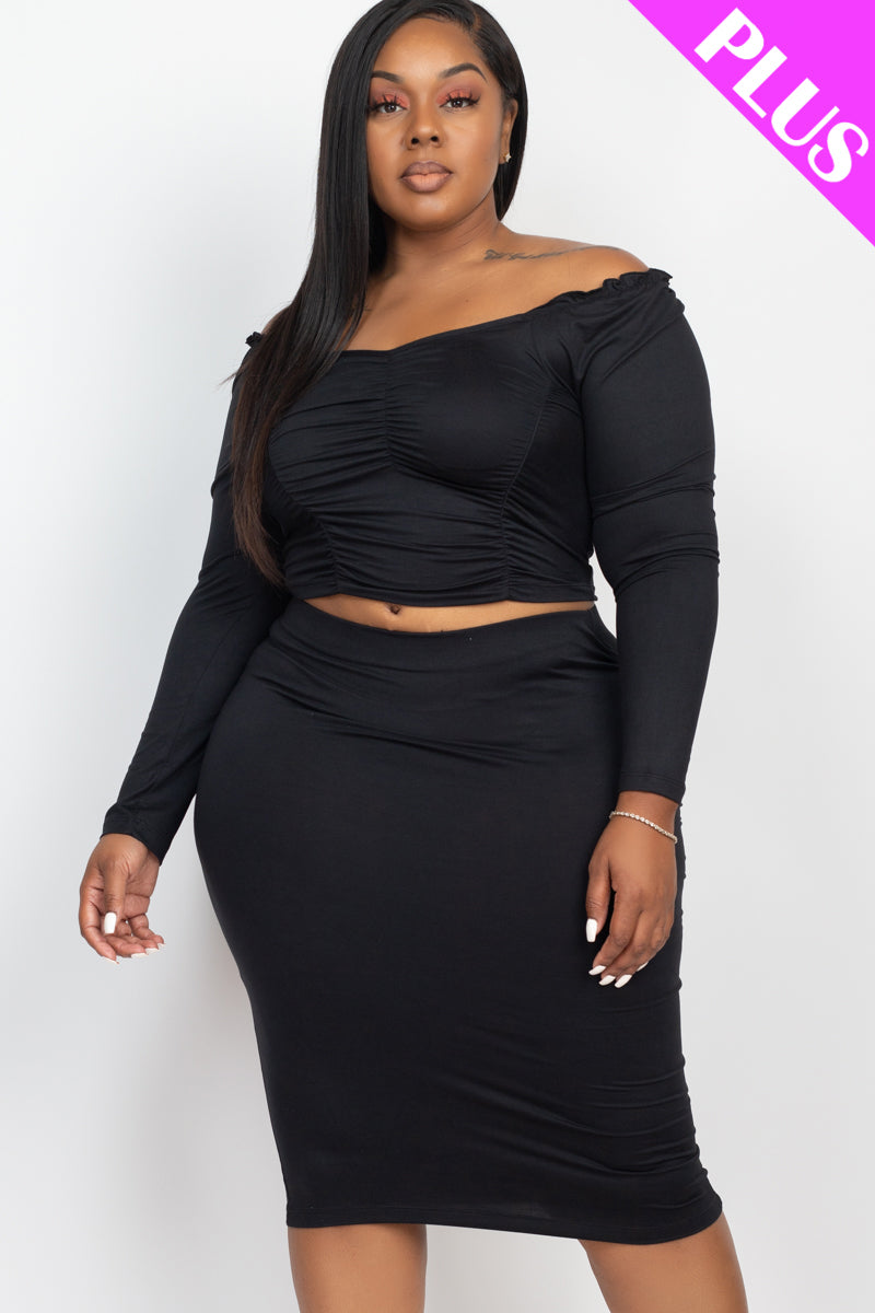 Plus Size Ruched Long Sleeve Top & Pencil Skirt Set