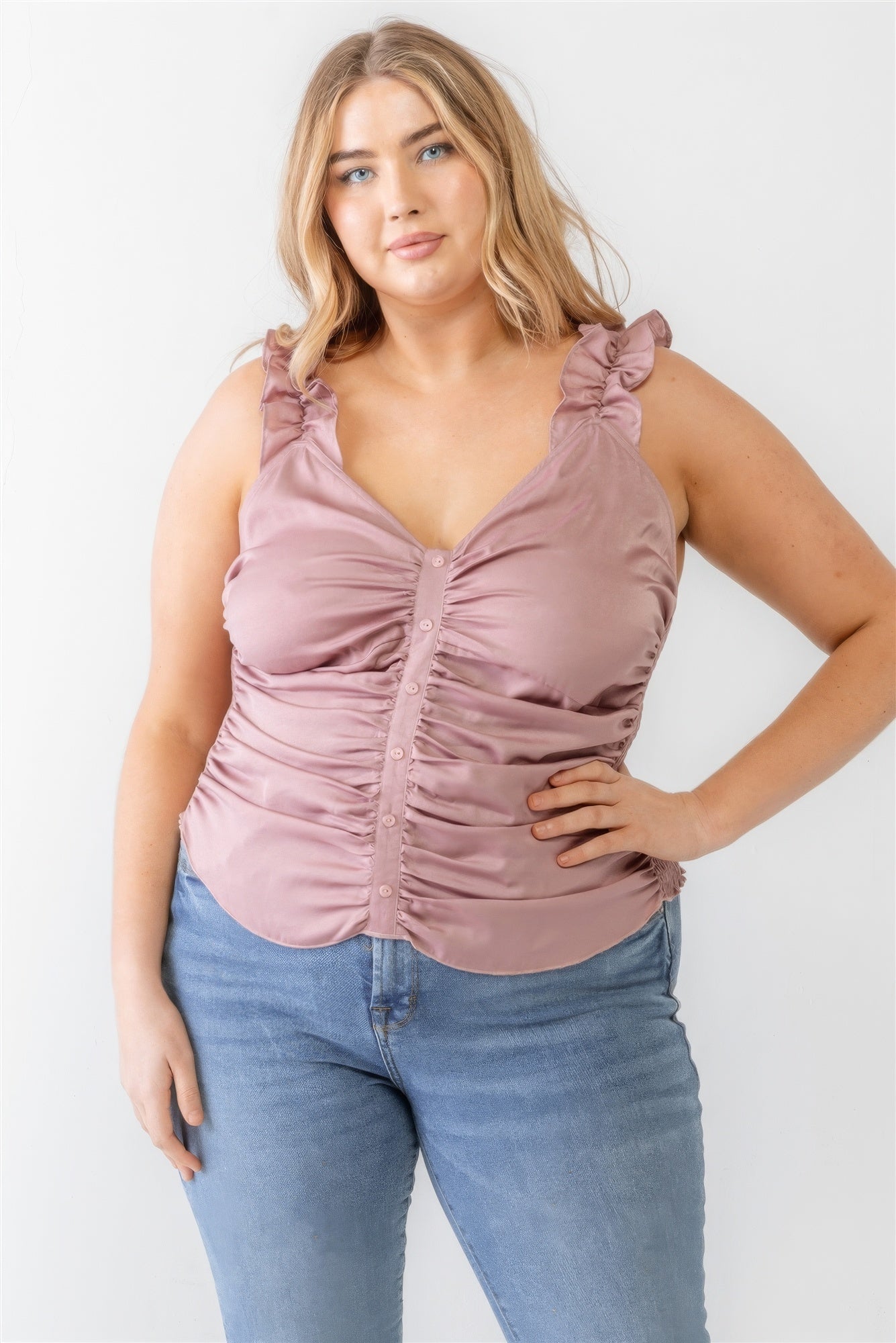 Plus size mauve tank top with ruched button-up front, ruffle straps, and smocked back for a trendy and comfortable fit.