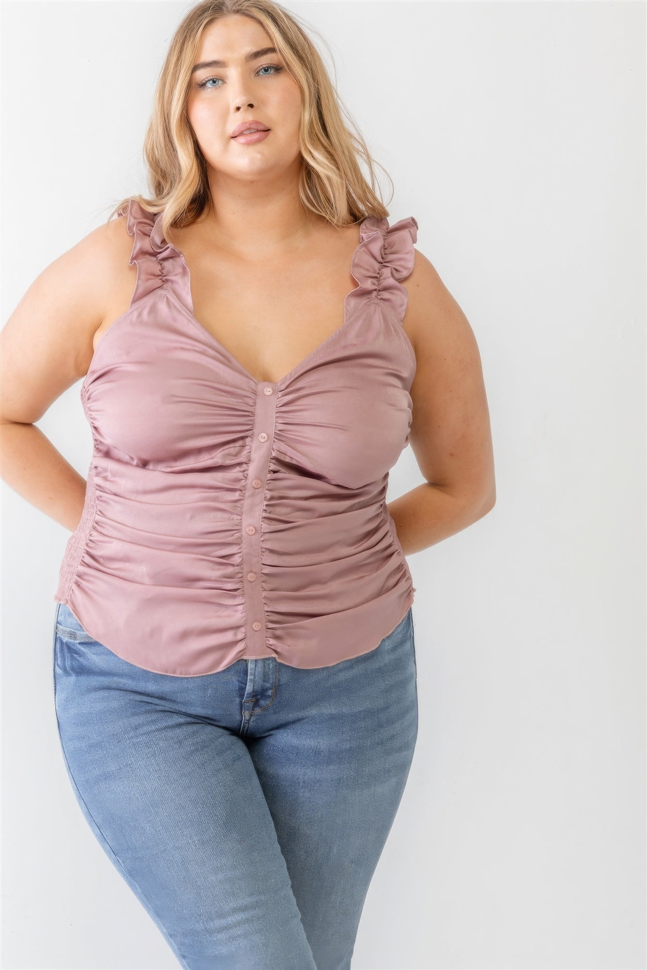 Plus-size mauve tank top with ruched front, button-up detail, ruffle straps, and smocked back for a stylish and comfortable fit.