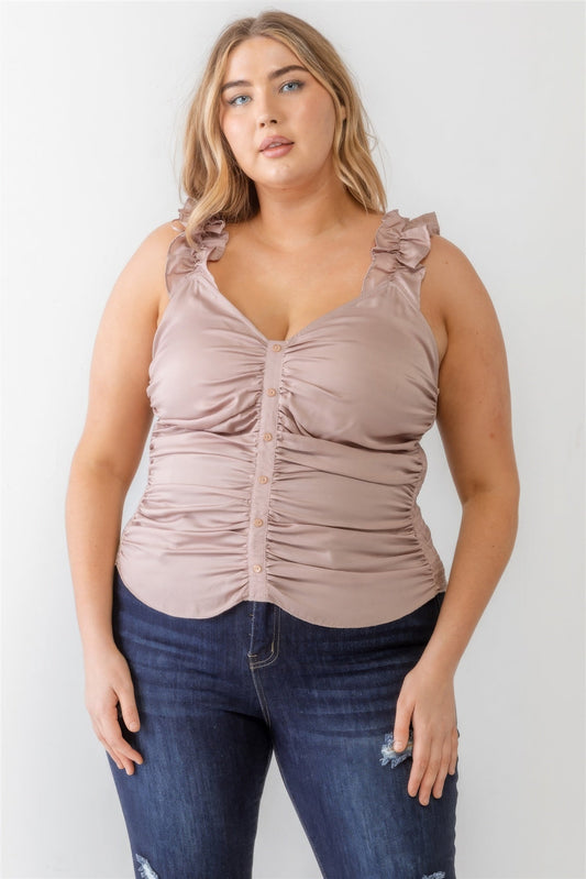 Plus size mauve ruched button-up tank top with ruffle straps and smocked back for comfort and style.