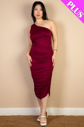 Plus Size Sexy Ruched One Shoulder Midi Bodycon Dress