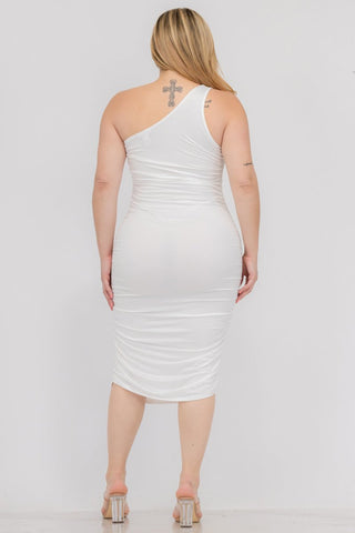 Plus Size Sexy Ruched One Shoulder Midi Bodycon Dress