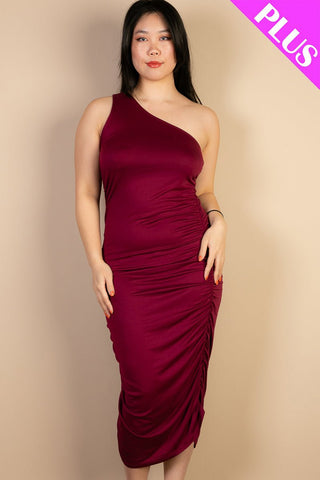 Plus Size Sexy Ruched One Shoulder Midi Bodycon Dress