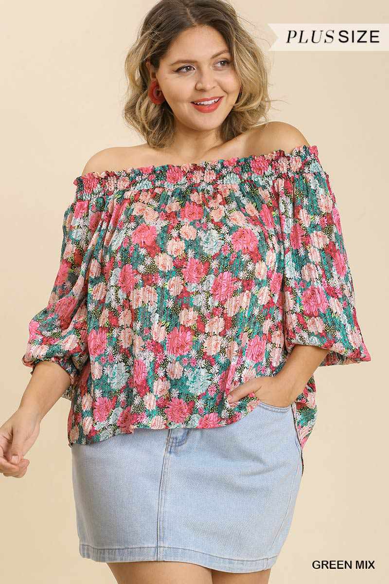 Plus Size Sheer Floral Off Shoulder Green Blouse