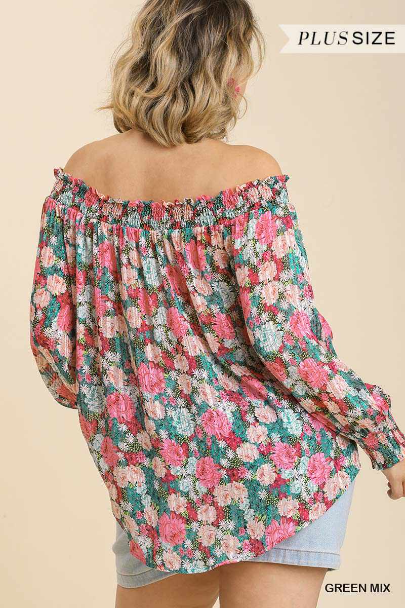 Plus Size Sheer Floral Off Shoulder Green Blouse