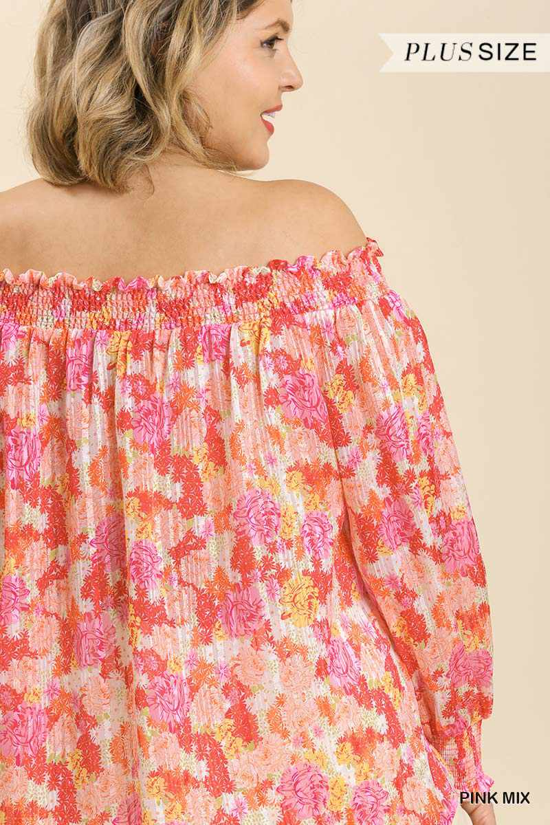 Plus Size Sheer Floral Off Shoulder Pink Blouse