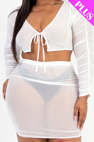 Plus Size Sheer Mesh Tie Front Crop Top & Ruched Side Mini Dress