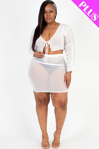Plus Size Sheer Mesh Tie Front Crop Top & Ruched Side Mini Dress