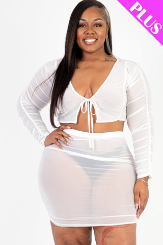 Plus Size Sheer Mesh Tie Front Crop Top & Ruched Side Mini Dress