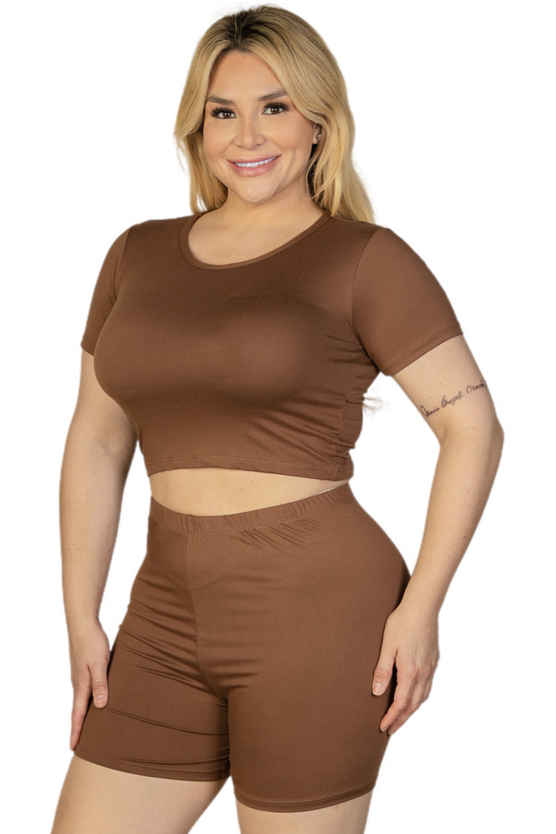 Plus Size Short Sleeve Crop Top & Shorts Set