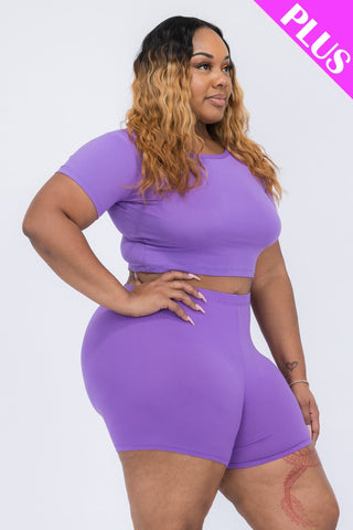 Plus Size Short Sleeve Crop Top & Shorts Set