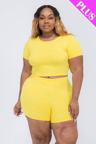 Plus Size Short Sleeve Crop Top & Shorts Set