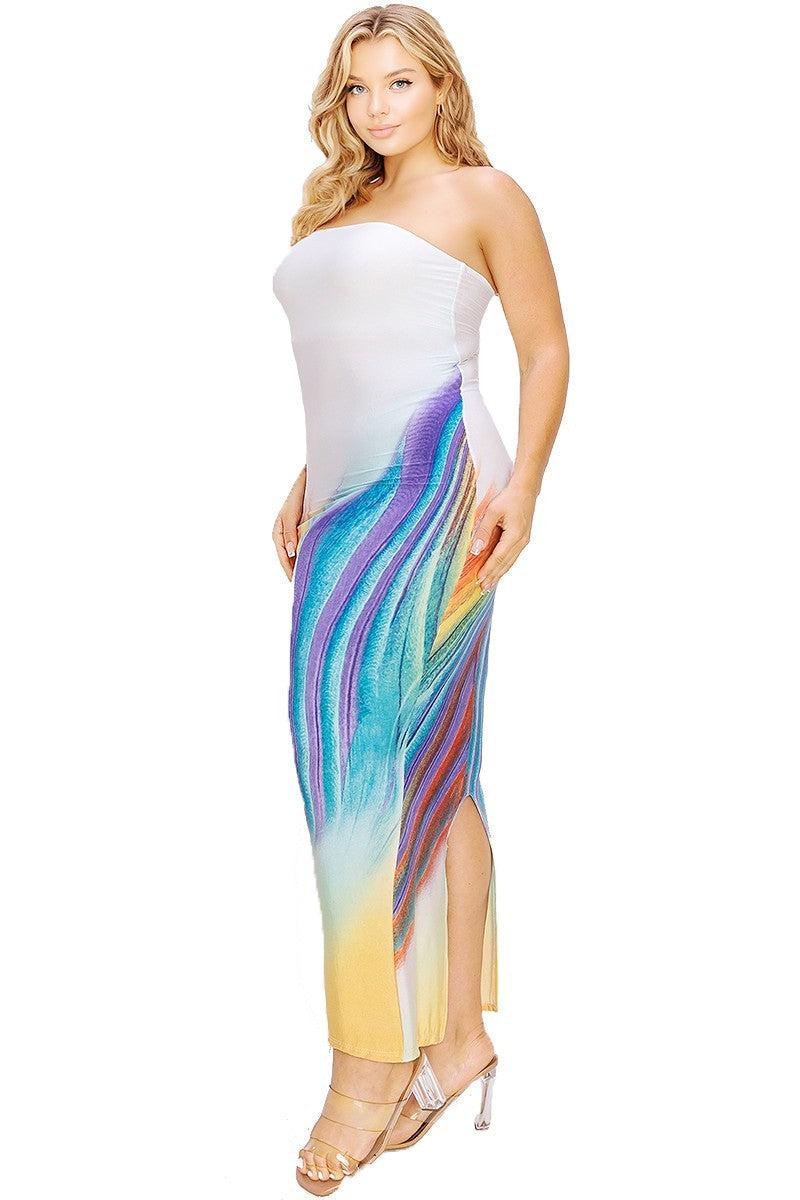 Plus size sleeveless white and multicolor tube top maxi dress with gradient, off-shoulder design, in 1XL to 3XL sizes