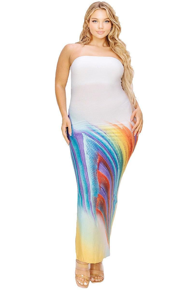 Plus size sleeveless tube top maxi dress with white and multicolor gradient, off-shoulder design, made from polyester and spandex.