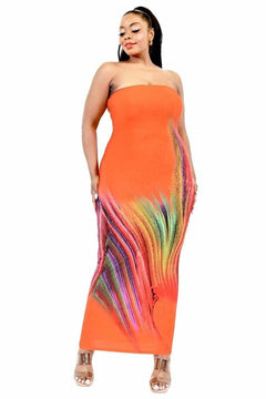 Plus Size Sleeveless Orange Gradient Tube Top Maxi Dress
