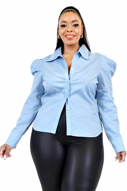 Plus Size Solid Blue Poplin Puff Sleeve Shirt