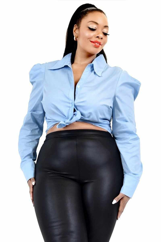 Plus Size Solid Blue Poplin Puff Sleeve Shirt