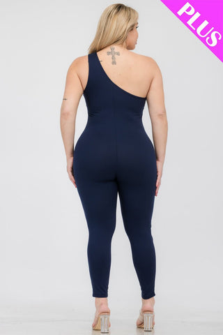 Plus Size Solid Color One Shoulder Jumpsuit