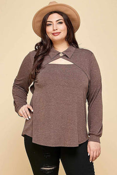Plus Size Solid Long Sleeve Fashion Top-Brown
