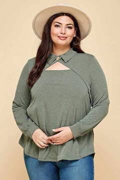 Plus Size Solid Long Sleeve Fashion Top-Olive