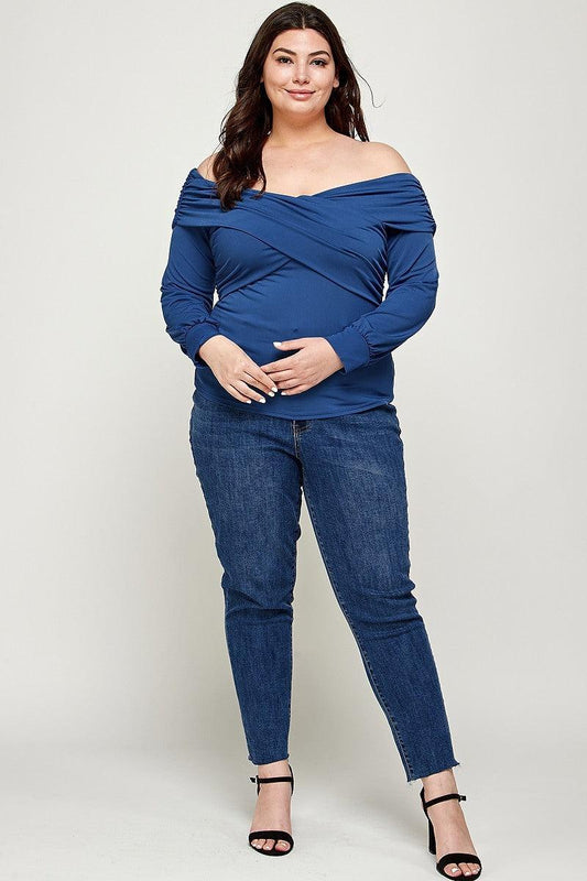 Plus Size Solid Wrap Dressy Top-Blue Stone