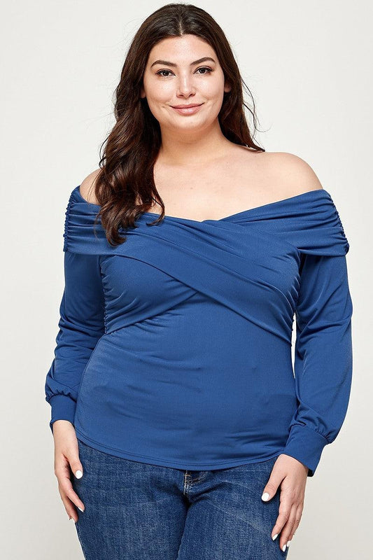 Plus Size Solid Wrap Dressy Top-Blue Stone